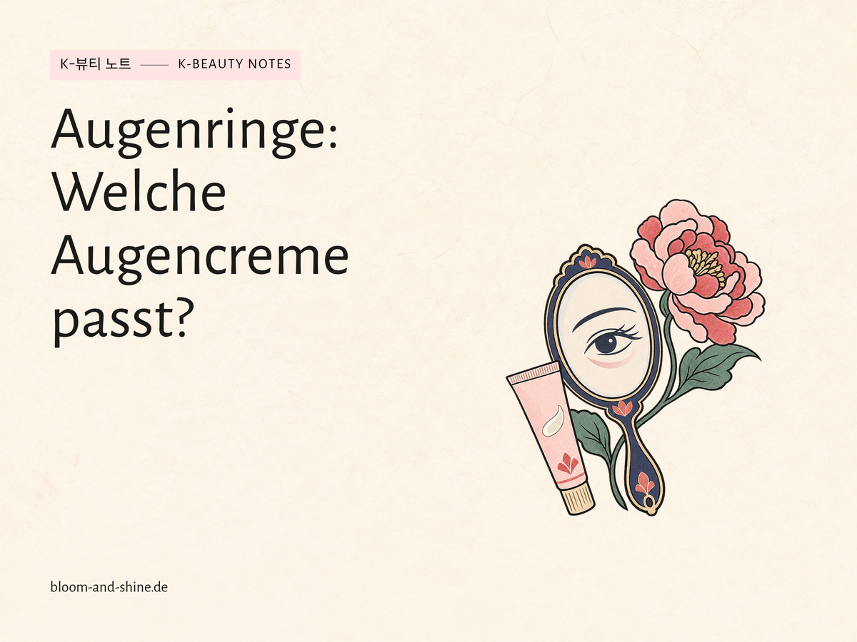 Illustration eines Handspiegels mit abstraktem Auge neben einer Augencreme und einer Blüte.