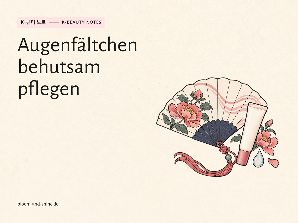 Illustration eines sanft gefalteten Fächers neben einer Augencreme und einem Wassertropfen.