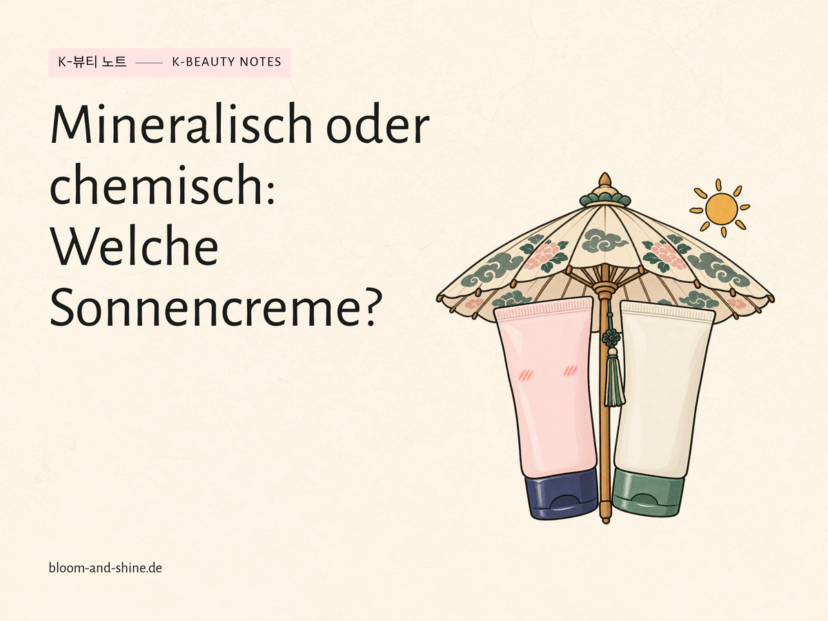 Illustration zweier unterschiedlicher Sonnencremetuben unter einem Sonnenschirm mit kleiner Sonne.