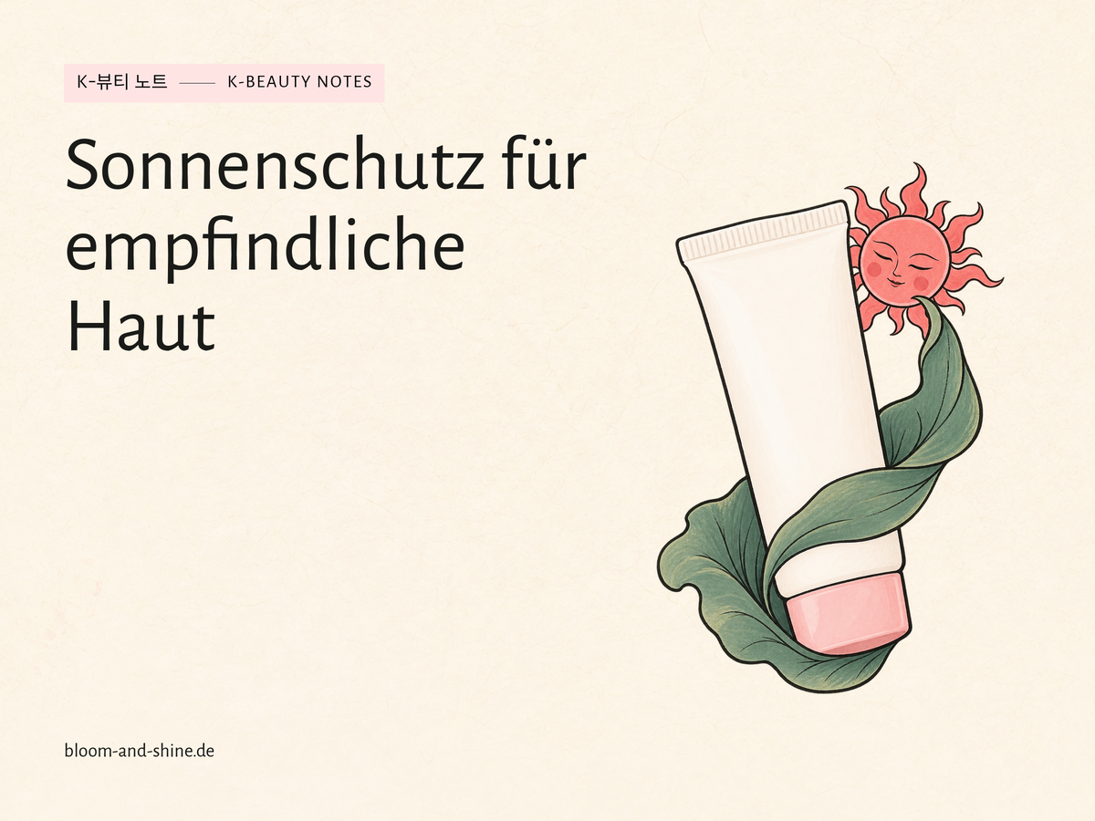 Illustration einer Sonnencremetube, die von einem geschwungenen Blatt umrahmt wird, neben einer kleinen Sonne.