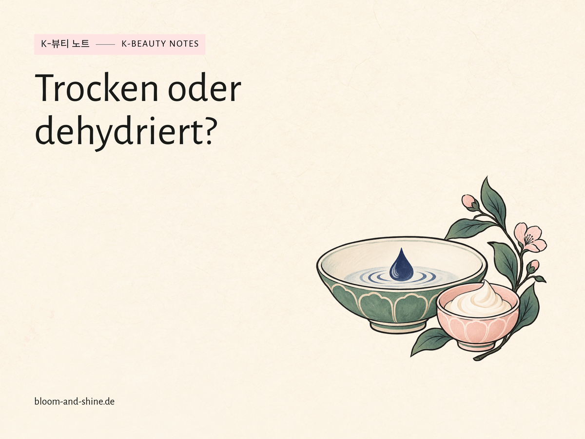 Illustration zweier Keramikschalen mit Wassertropfen und Cremeschwung, umrahmt von einem Blatt.