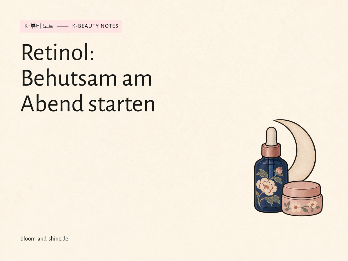Illustration eines Serumflakons neben einer Mondsichel und einem kleinen Cremetiegel.