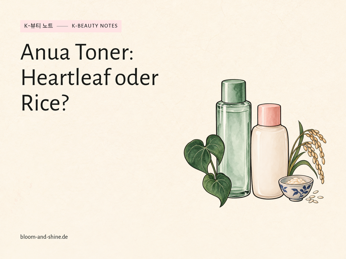 Illustration zweier Tonerflaschen neben herzförmigen Blättern, einer Reisschale und einer Reisähre.