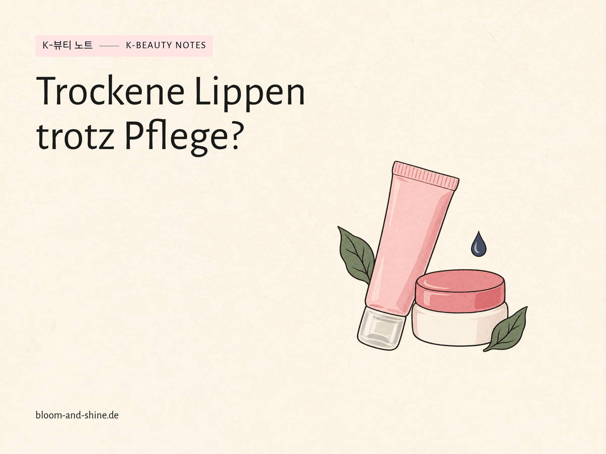 Illustration einer roséfarbenen Lippenpflegetube und eines geschlossenen Cremetiegels mit zwei grünen Blättern und einem kleinen Tropfen.
