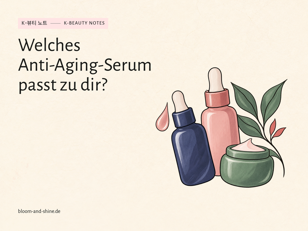 Illustration zweier Serumfläschchen in Indigo und Rosé neben einem grünen Cremetiegel, einem Blattzweig und einem Tropfen.