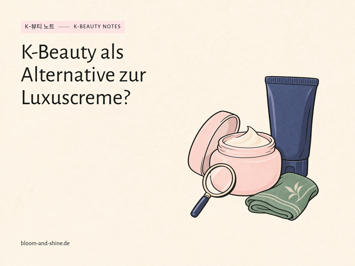 Illustration eines Cremetiegels, einer Tube und einer Lupe neben einem gefalteten Tuch.