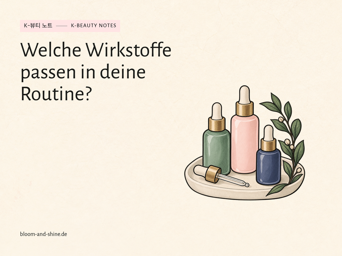 Illustration dreier unterschiedlicher Serumfläschchen auf einer Keramikschale mit einem kleinen Blattzweig.