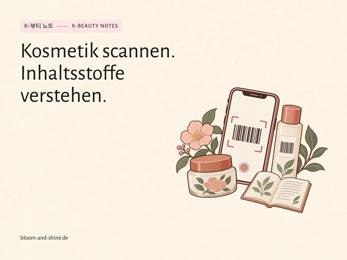 Illustration eines Smartphones mit Barcode neben einem Cremetiegel, einer Pflegeflasche und einem geöffneten Buch. Titel: Kosmetik scannen. Inhaltsstoffe verstehen.