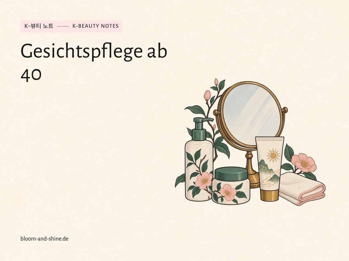 Runder Spiegel mit Reiniger, Creme, Sonnenpflege und gefaltetem Tuch. Titel: Gesichtspflege ab 40.