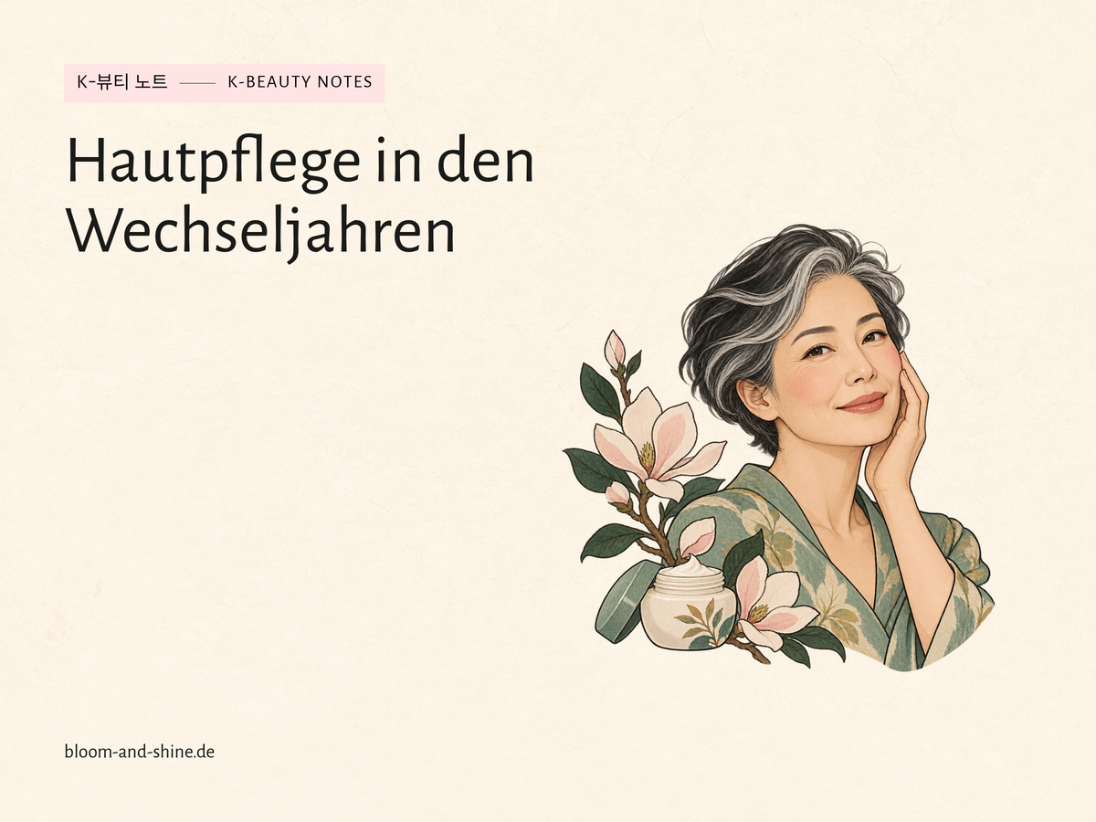 Illustration einer Frau mit silbernen Haarsträhnen, einer Hand an der Wange, Creme und Magnolienzweig. Titel: Hautpflege in den Wechseljahren.