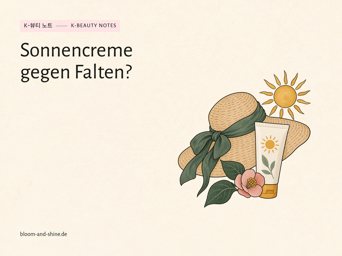 Sonnenhut und Sonnencremetube neben einer Sonne und einem Blatt. Titel: Sonnencreme gegen Falten?.