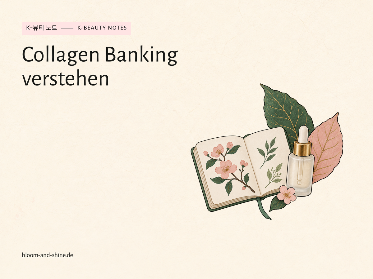 Offenes Buch mit botanischen Zeichnungen, Serumflasche und zwei Blättern. Titel: Collagen Banking verstehen.