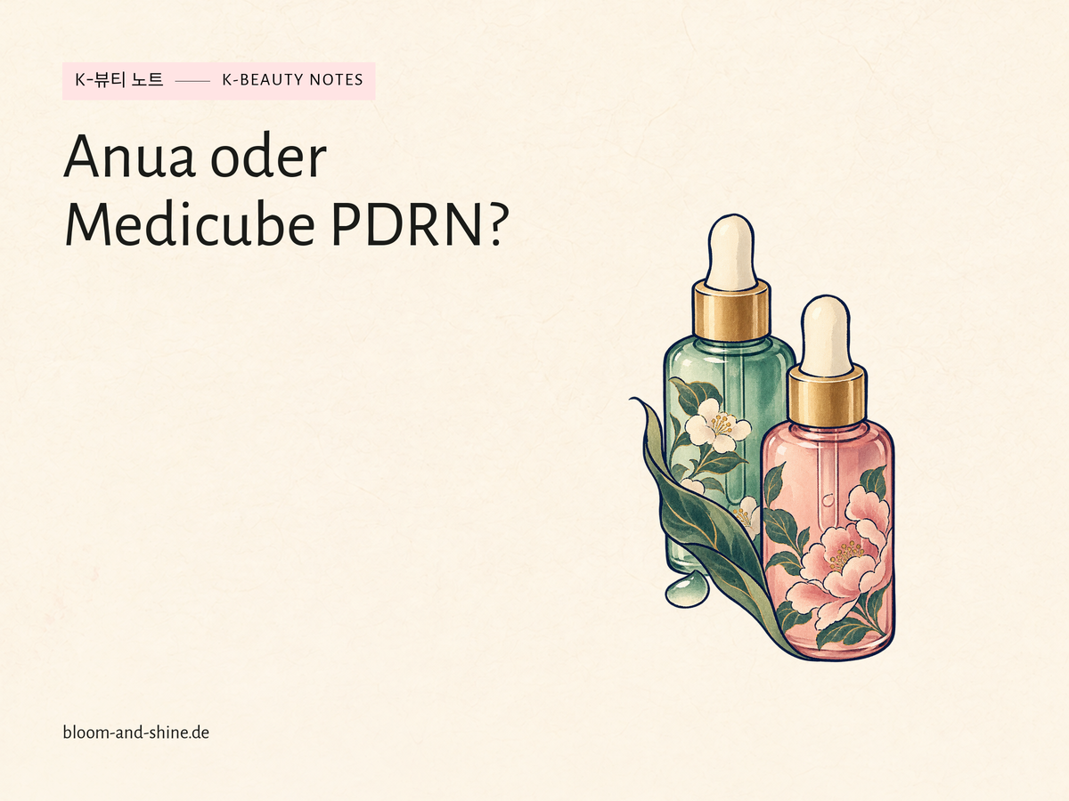 Grüne und rosafarbene Serumflasche mit Blättern als symbolische Illustration. Titel: Anua oder Medicube PDRN?