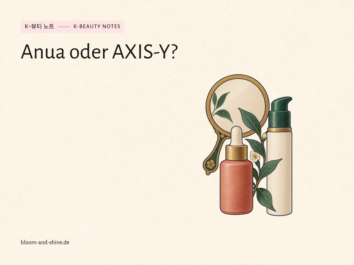 Serumflasche und Pumpspender vor einem Handspiegel mit Blattzweig. Titel: Anua oder AXIS-Y?