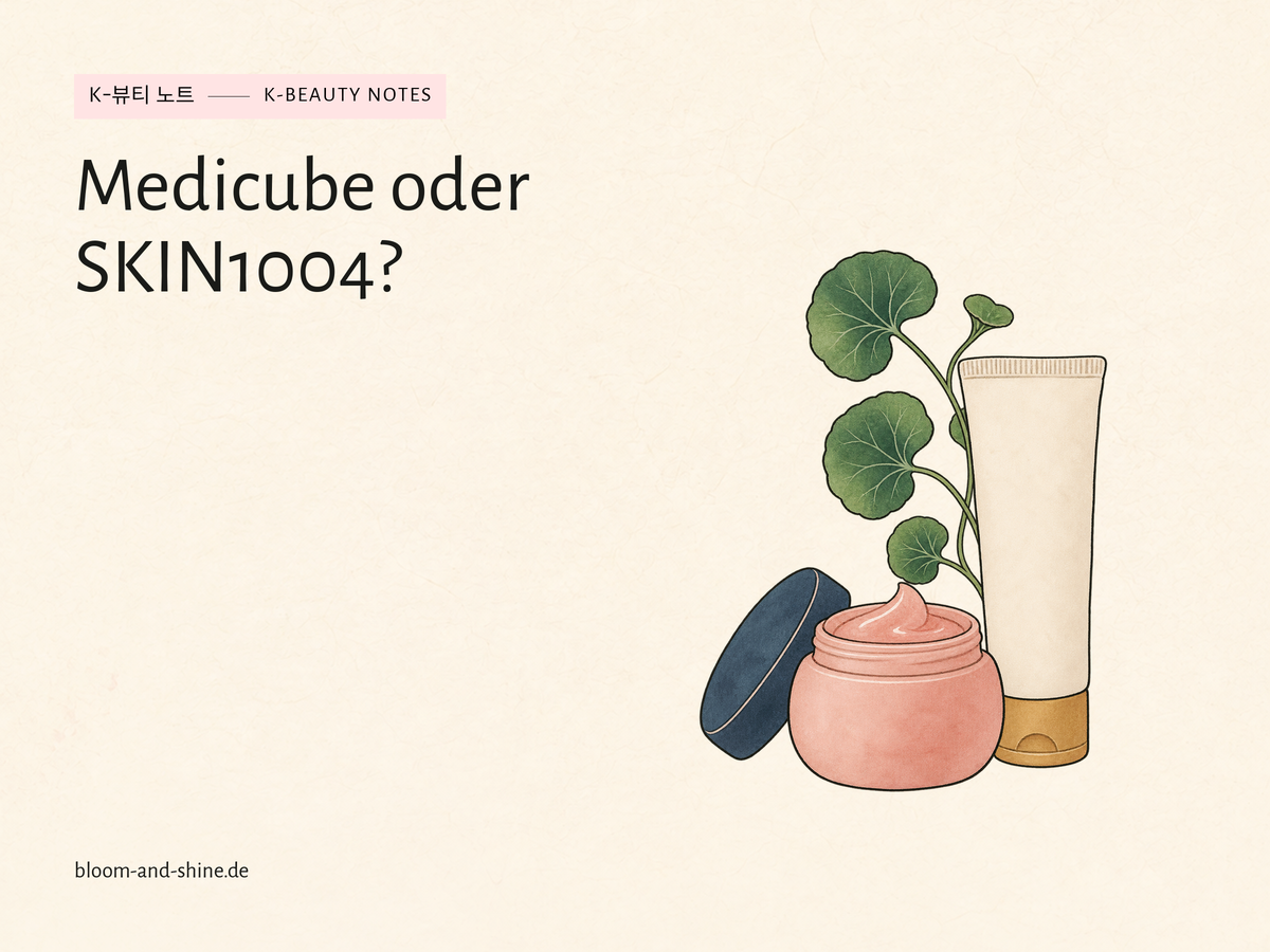 Rosa Cremetiegel und helle Tube neben einem Centella-Zweig als symbolische Illustration. Titel: Medicube oder SKIN1004?