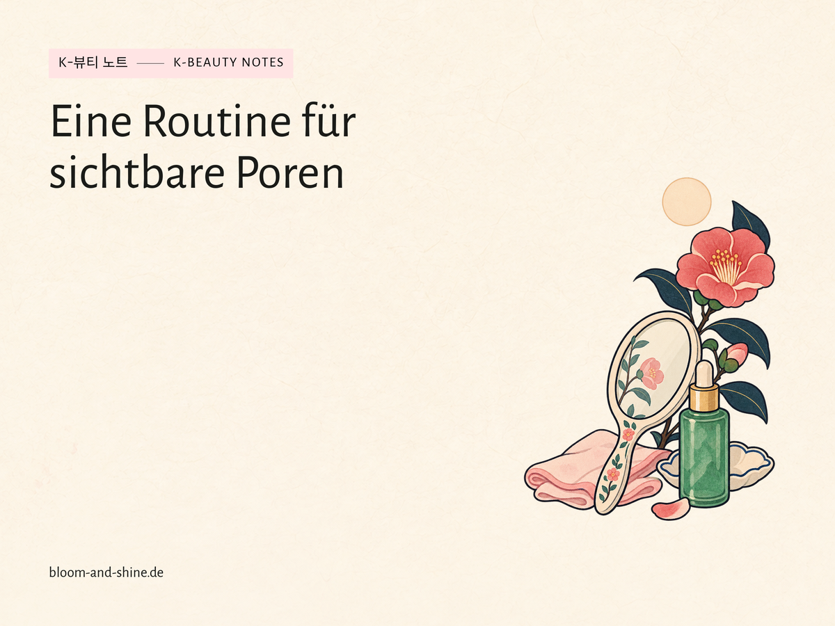Handspiegel, Serumflasche und Kamelienzweig mit Sonne als illustrierte Pflegeroutine. Titel: Eine Routine für sichtbare Poren