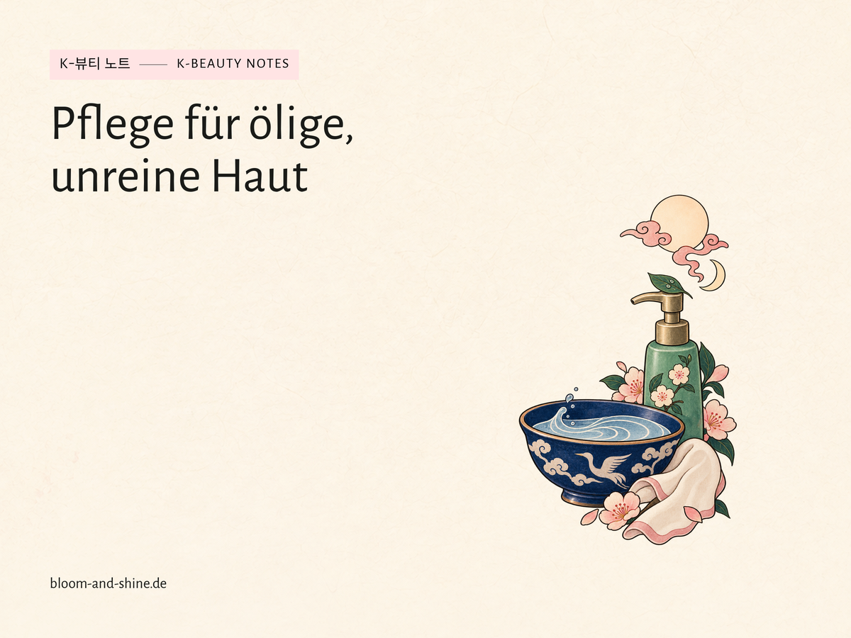 Indigoblaue Waschschale, Pumpspender, Tuch und Blüten mit Sonne und Mond. Titel: Pflege für ölige, unreine Haut