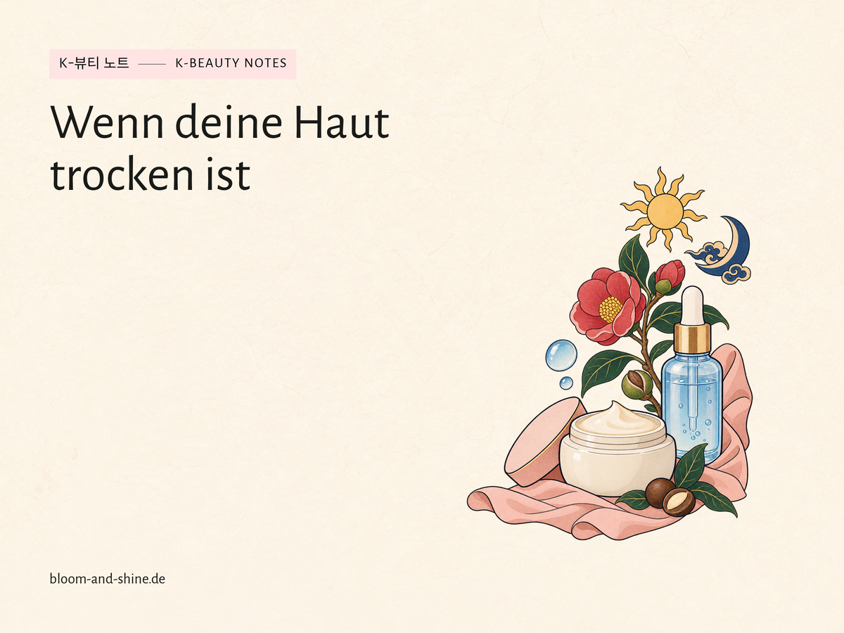 Cremetiegel, blaue Serumflasche, Kamelienzweig und Wassertropfen mit Sonne und Mond. Titel: Wenn deine Haut trocken ist