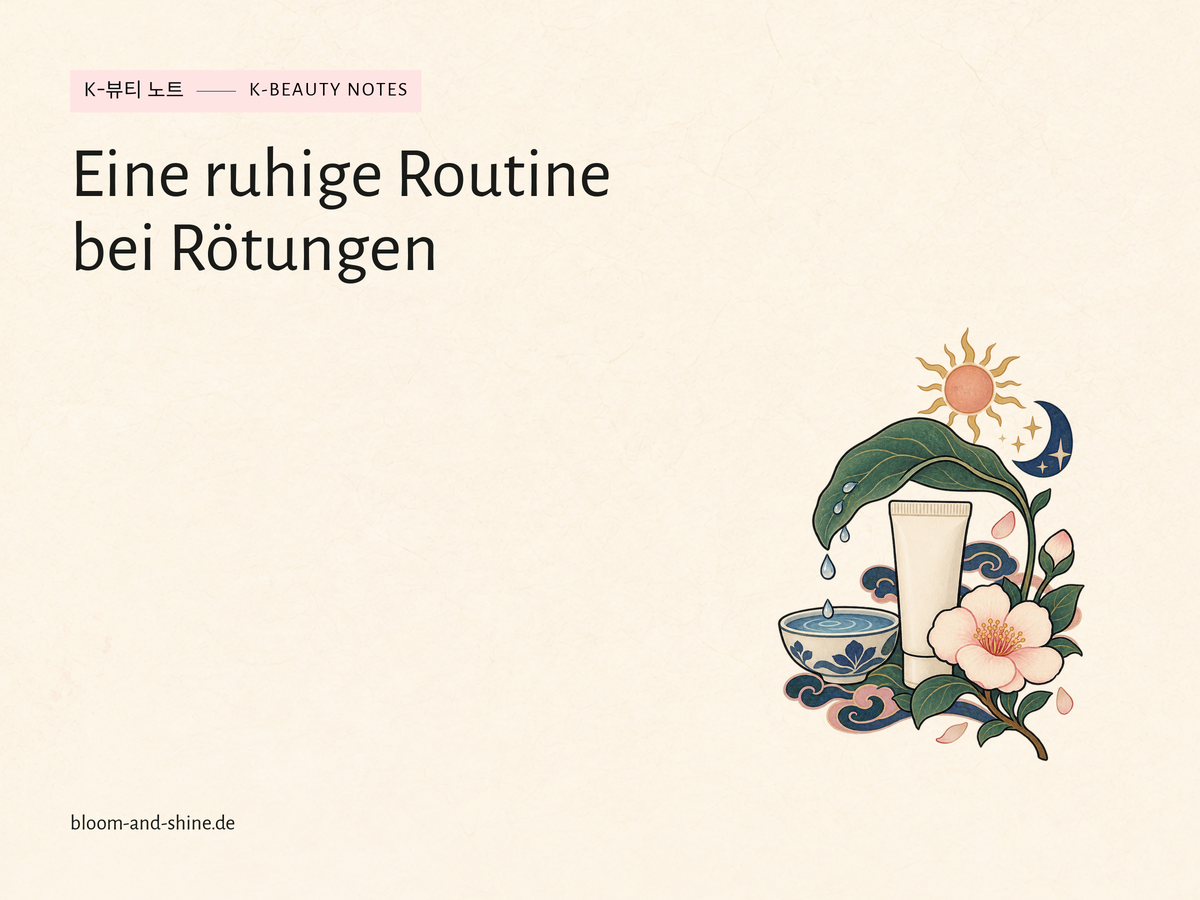Helle Cremetube unter einem schützenden Blattbogen, Wasserschale und Blüte mit Sonne und Mond. Titel: Eine ruhige Routine bei Rötungen