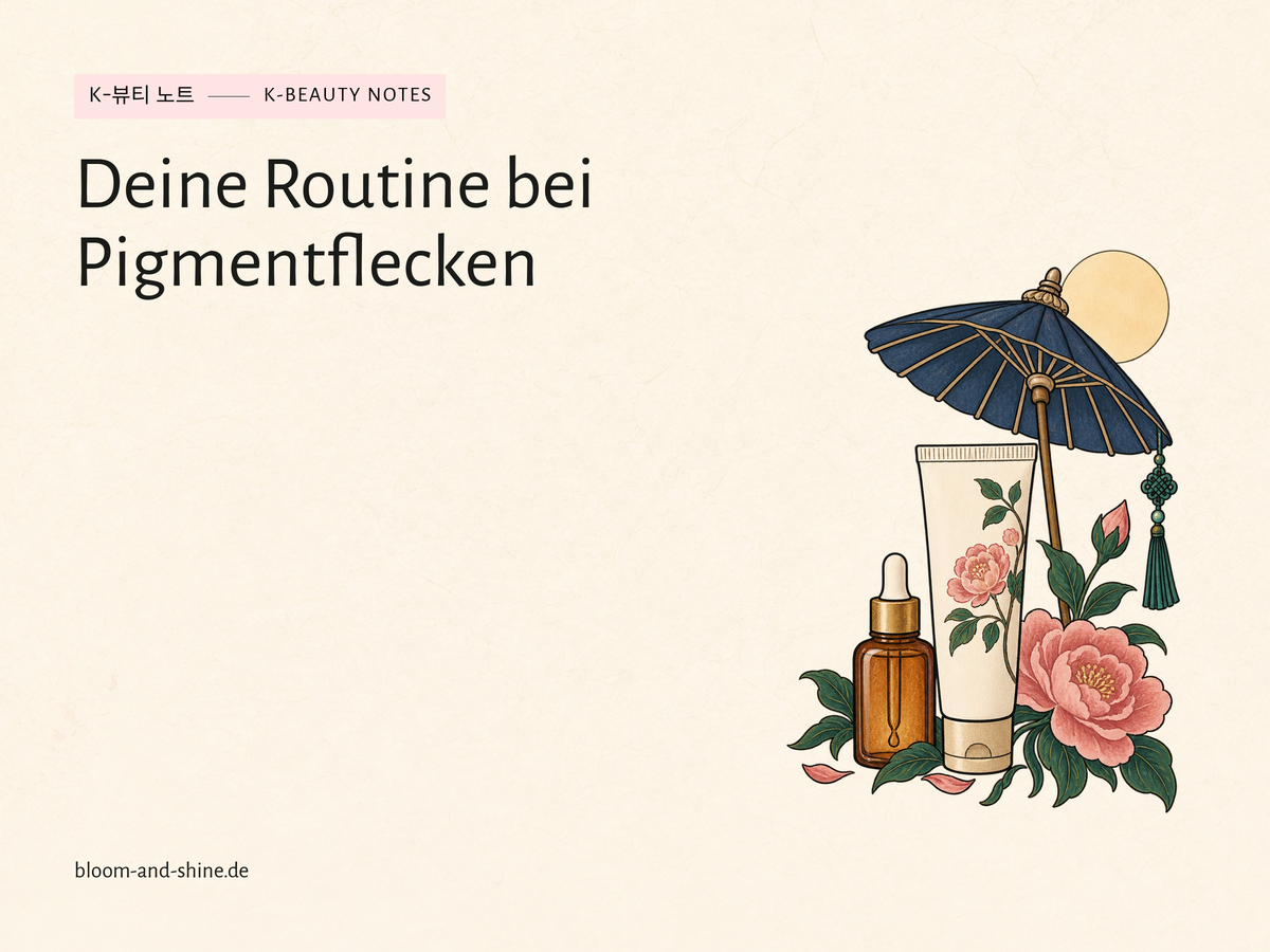 Sonnenschutztube und Serumflasche unter einem indigoblauen Sonnenschirm mit rosa Blüten. Titel: Deine Routine bei Pigmentflecken