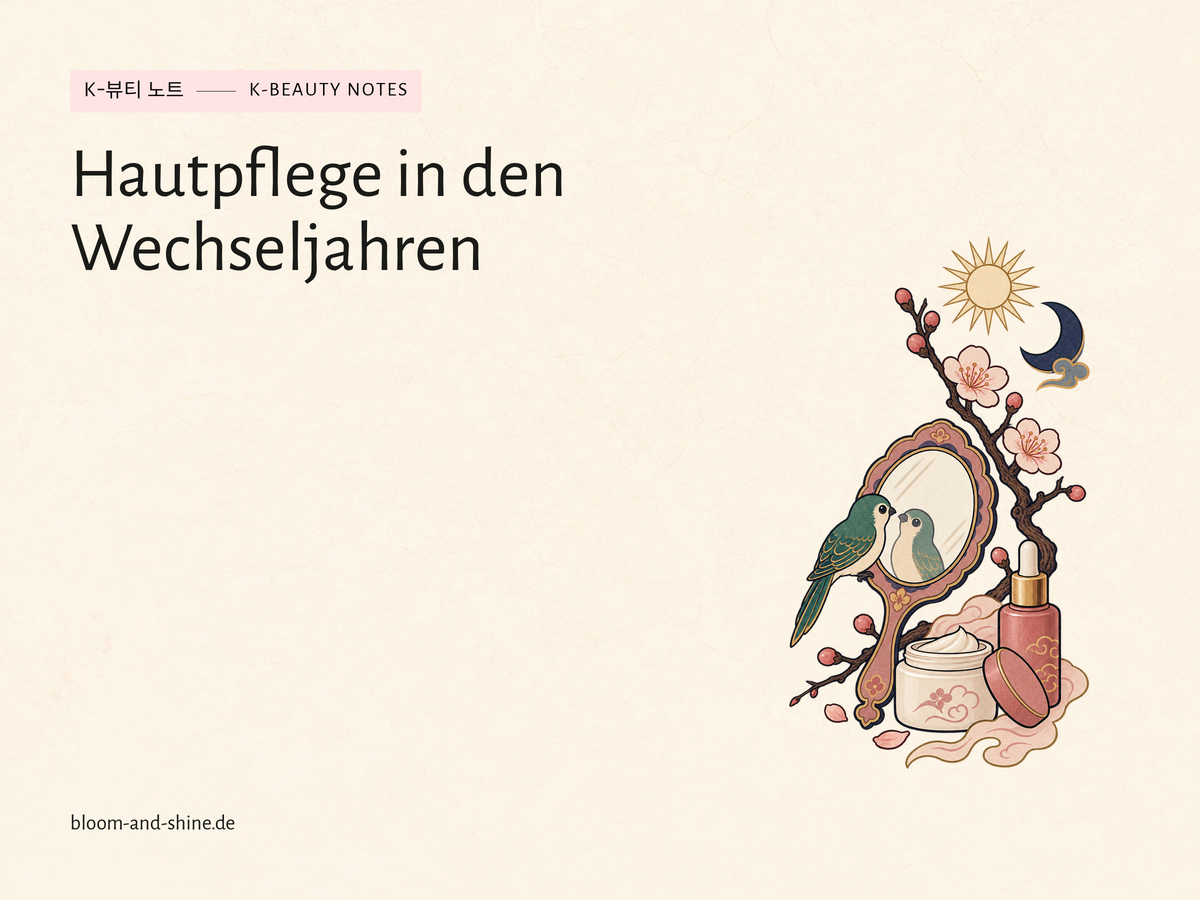 Handspiegel mit kleinem Vogel, Cremetiegel und Pflaumenblüten mit Sonne und Mond. Titel: Hautpflege in den Wechseljahren