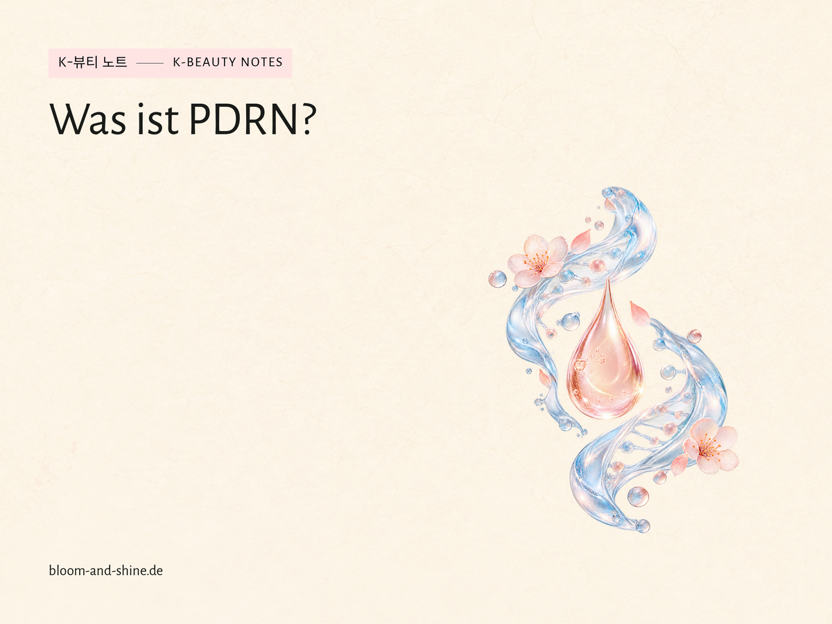 Leuchtender Serumtropfen zwischen transparenten Wasserformen als PDRN-Illustration.