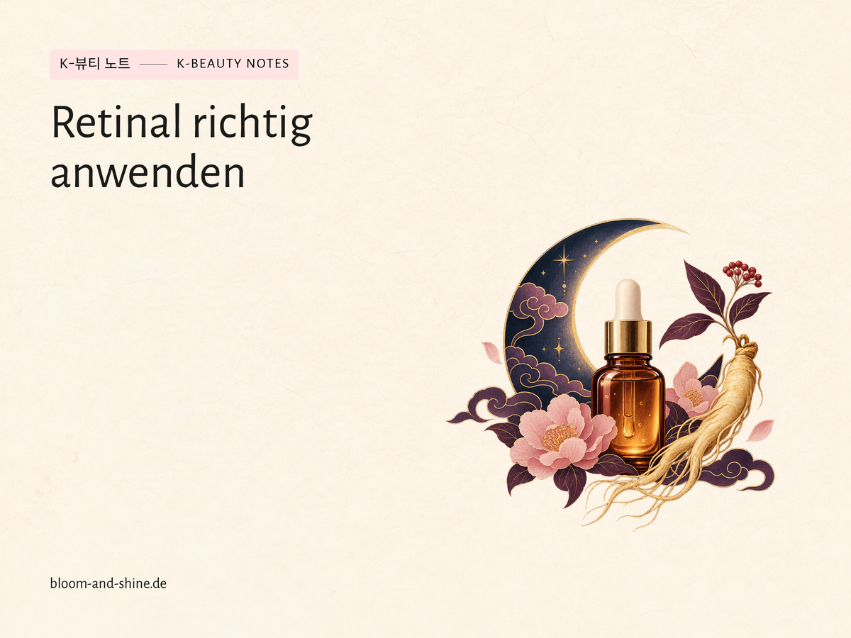 Serumflasche, Mondsichel und Ginseng als Illustration einer ruhigen Retinal-Abendroutine.