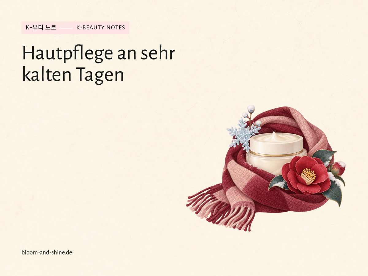 Cremetiegel in einem weichen Schal mit Schneekristall und Kamelie als Winterpflege-Illustration.
