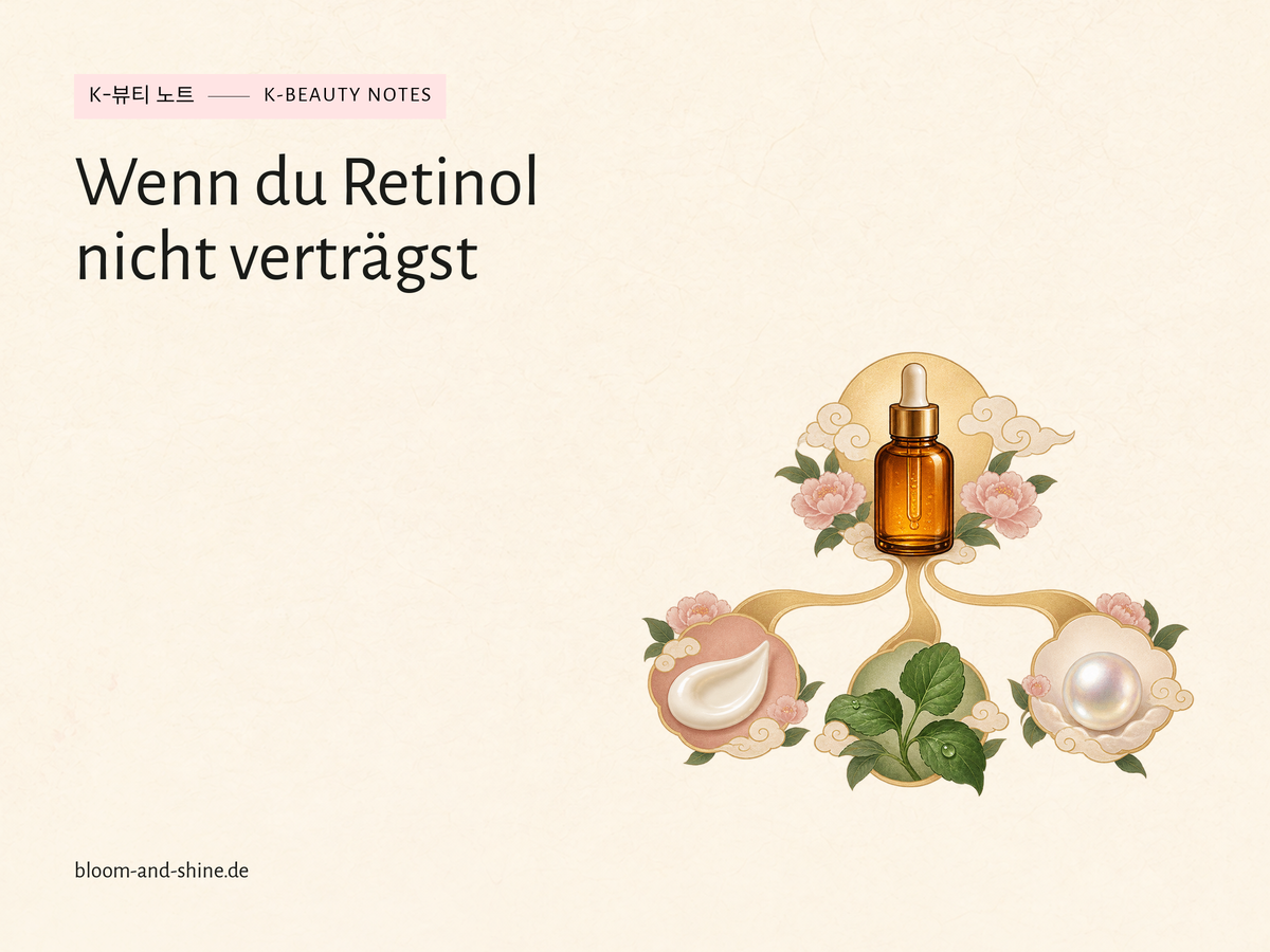 Retinolflasche mit drei sanften Pflegewegen aus Creme, Blatt und Perle als Alternativen-Illustration.