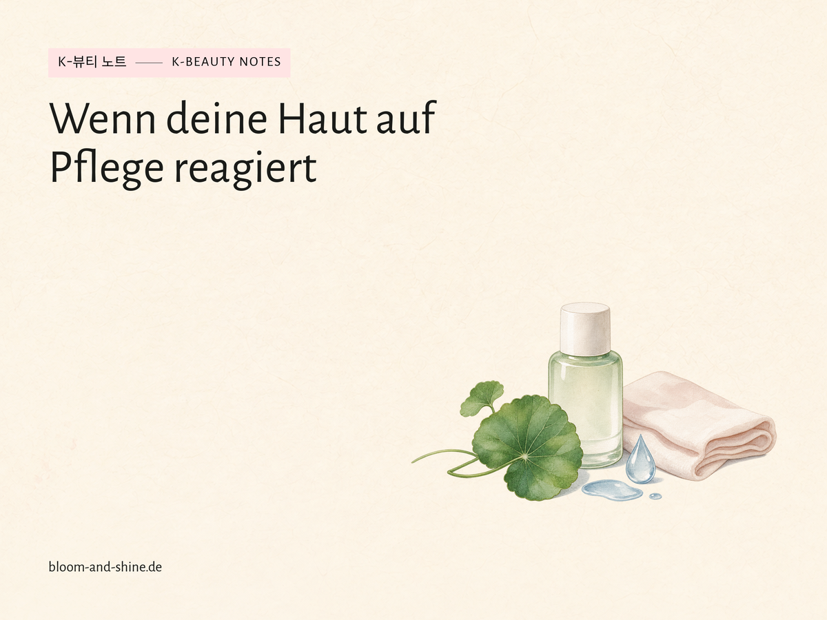 Zur Seite gestellte Pflegeflasche, weiches Tuch, Wassertropfen und Centella-Blatt als Illustration einer Pflegepause.