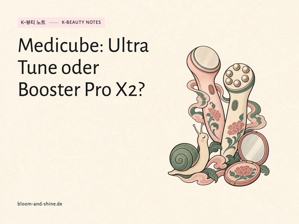 Zwei illustrierte Beauty-Geräte mit Spiegel und kleiner Schnecke. Titel: Medicube: Ultra Tune oder Booster Pro X2?