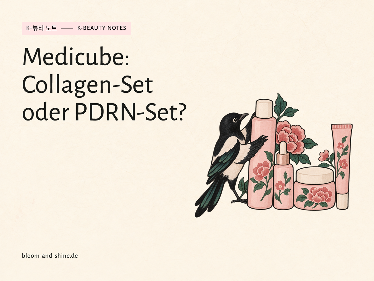Vier illustrierte Pflegegefäße mit kleiner Elster. Titel: Medicube: Collagen-Set oder PDRN-Set?