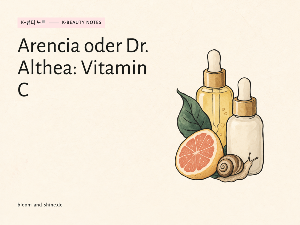 Zwei illustrierte Serumflaschen mit Zitrusstück und kleiner Schnecke. Titel: Arencia oder Dr. Althea: Vitamin C