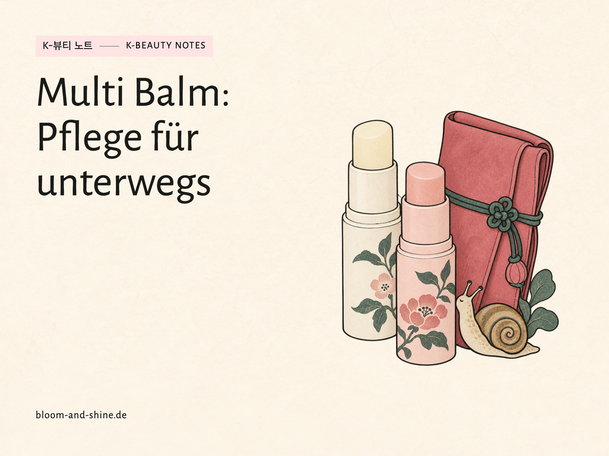 Zwei illustrierte Balm-Sticks neben einer kleinen Reisetasche und Schnecke. Titel: Multi Balm: Pflege für unterwegs