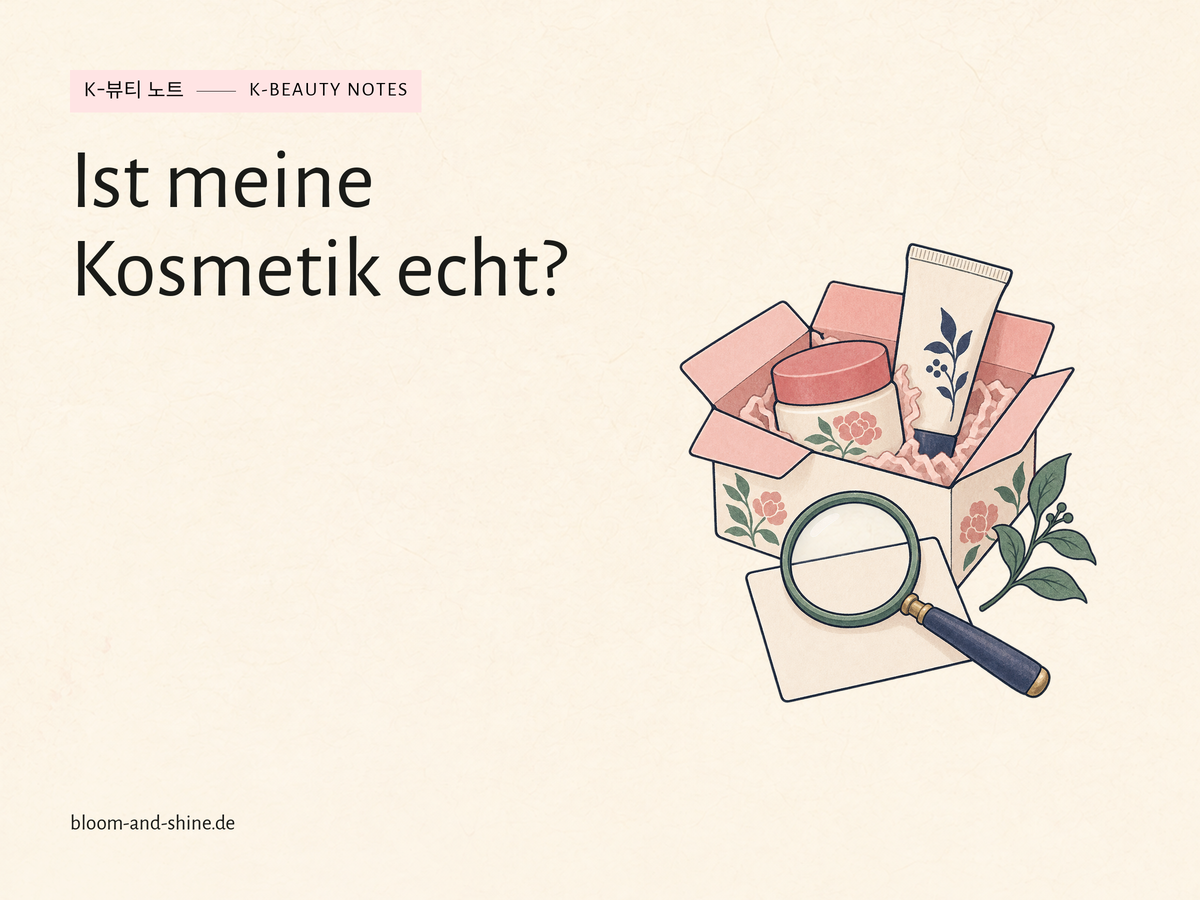 Illustriertes K-Beauty-Paket mit Tiegel, Tube und Lupe zur Prüfung von Verpackung und Chargencode