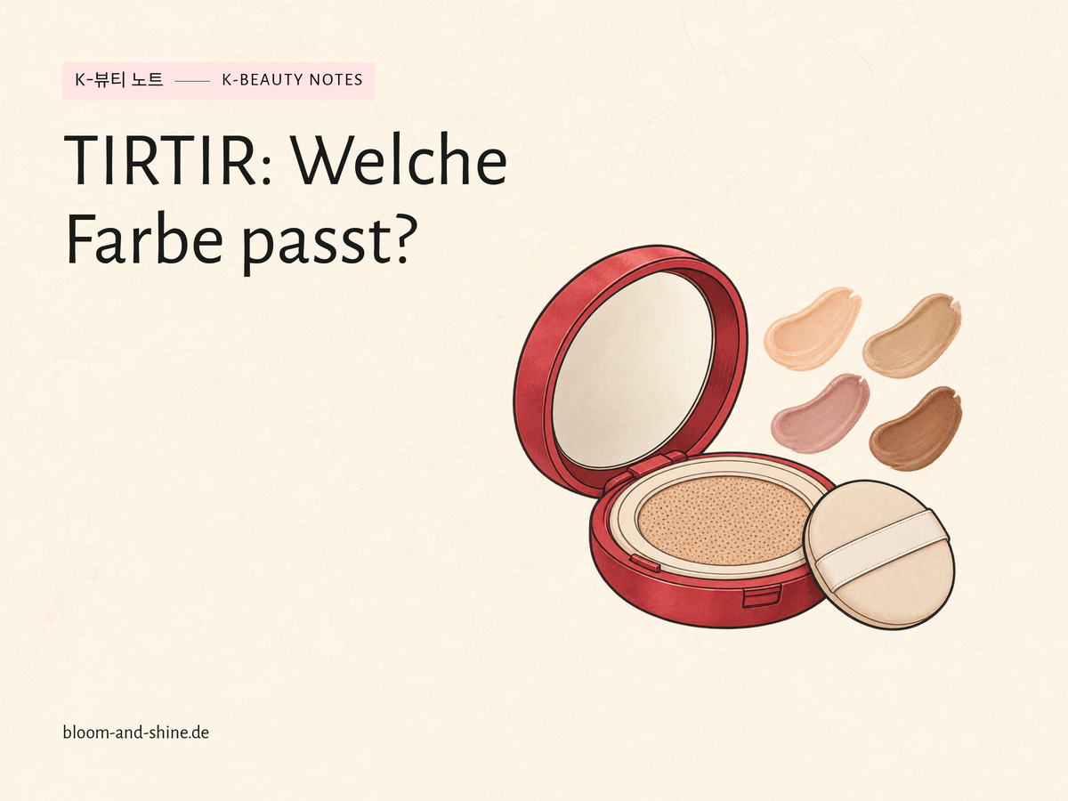 Illustration einer geöffneten roten Cushion-Dose mit Schwämmchen und vier abstrakten Farbabstrichen. Titel: TIRTIR: Welche Farbe passt?