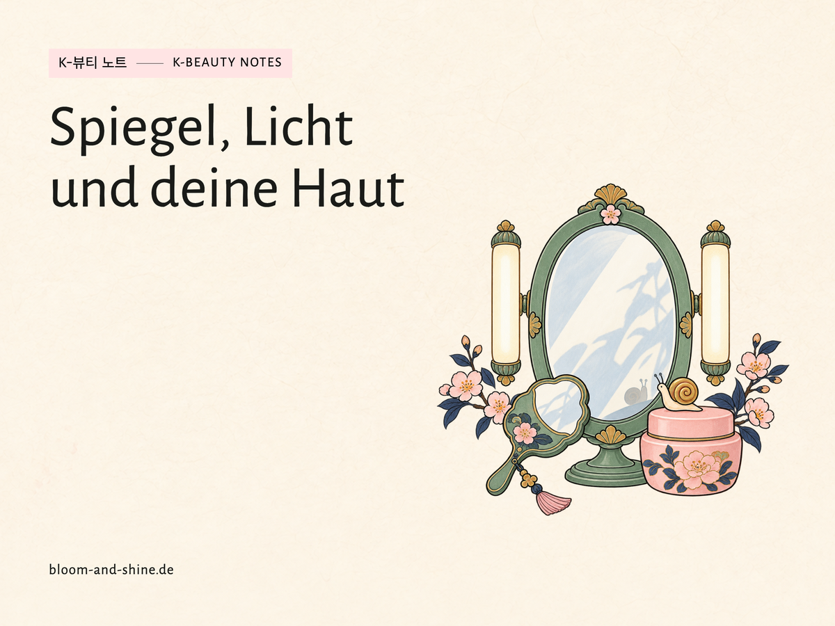 Illustrierter Spiegel mit zwei seitlichen Leuchten, Handspiegel und Cremetiegel. Titel: Spiegel, Licht und deine Haut.