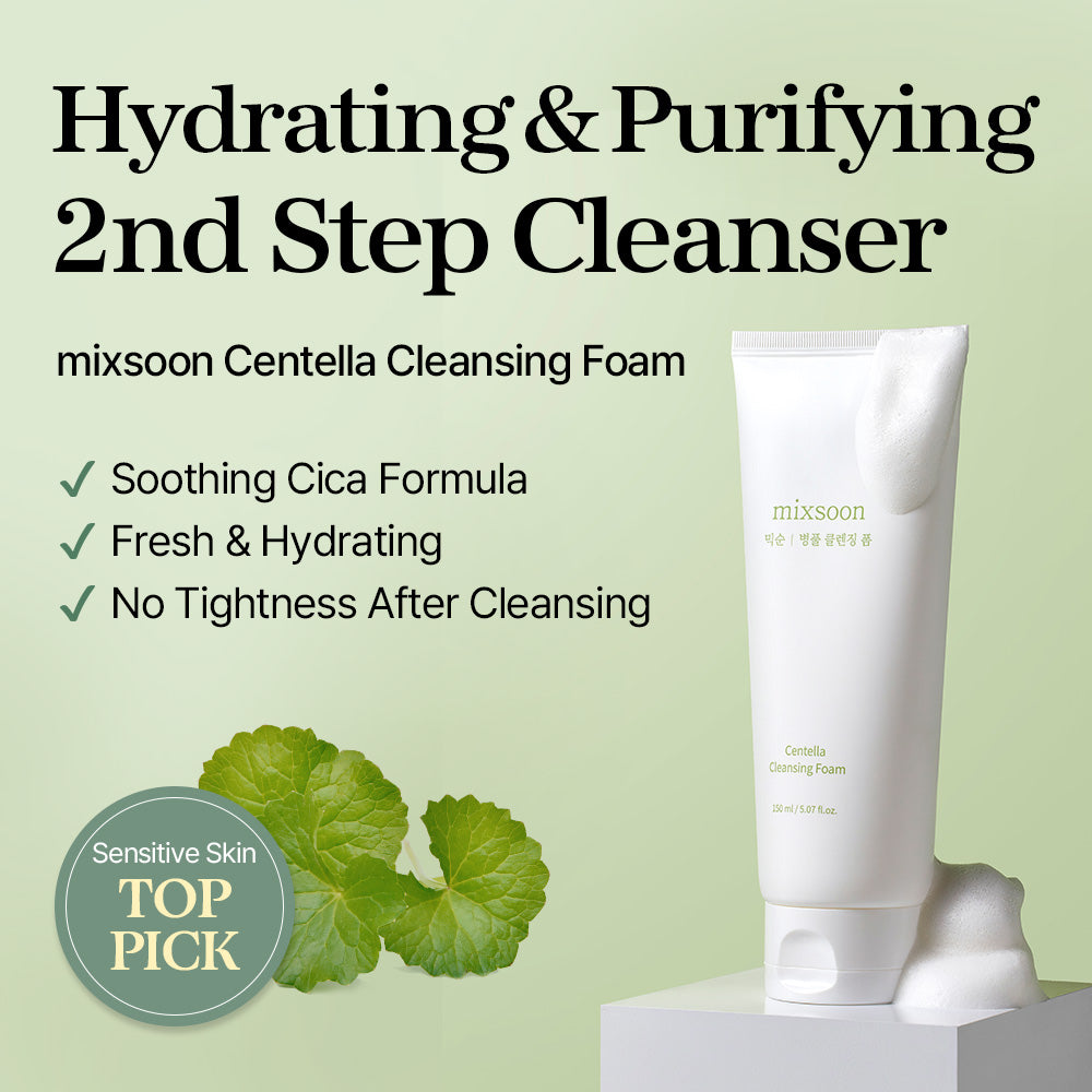 Mixsoon Centella Cleansing Foam mit Centella-Blättern und aufgetragenem Schaum
