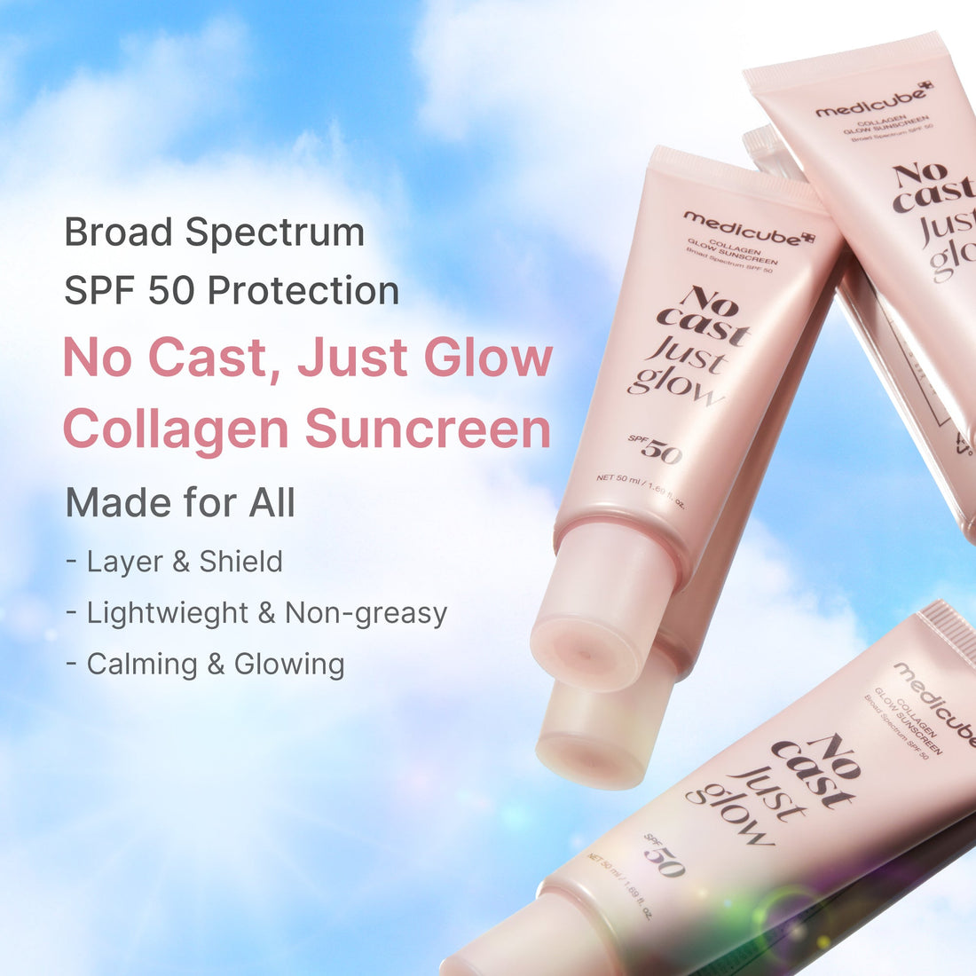 Mehrere Tuben des Sonnenschutzes mit den Eigenschaften Breitbandschutz SPF 50, leicht und nicht fettend