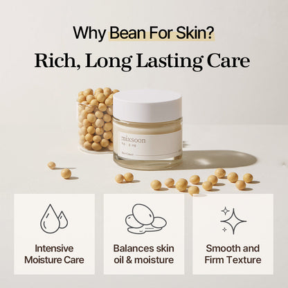 Mixsoon Bean Cream mit Sojabohnen und drei Wirkversprechen: Feuchtigkeit, Talgbalance, glatte Textur