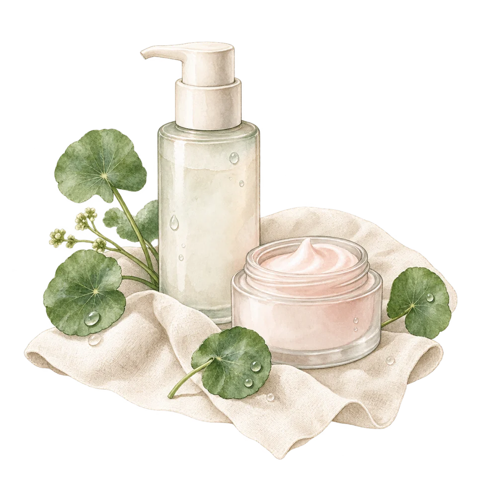 Aquarellillustration mit Pflegeprodukten und Centella-Blättern
