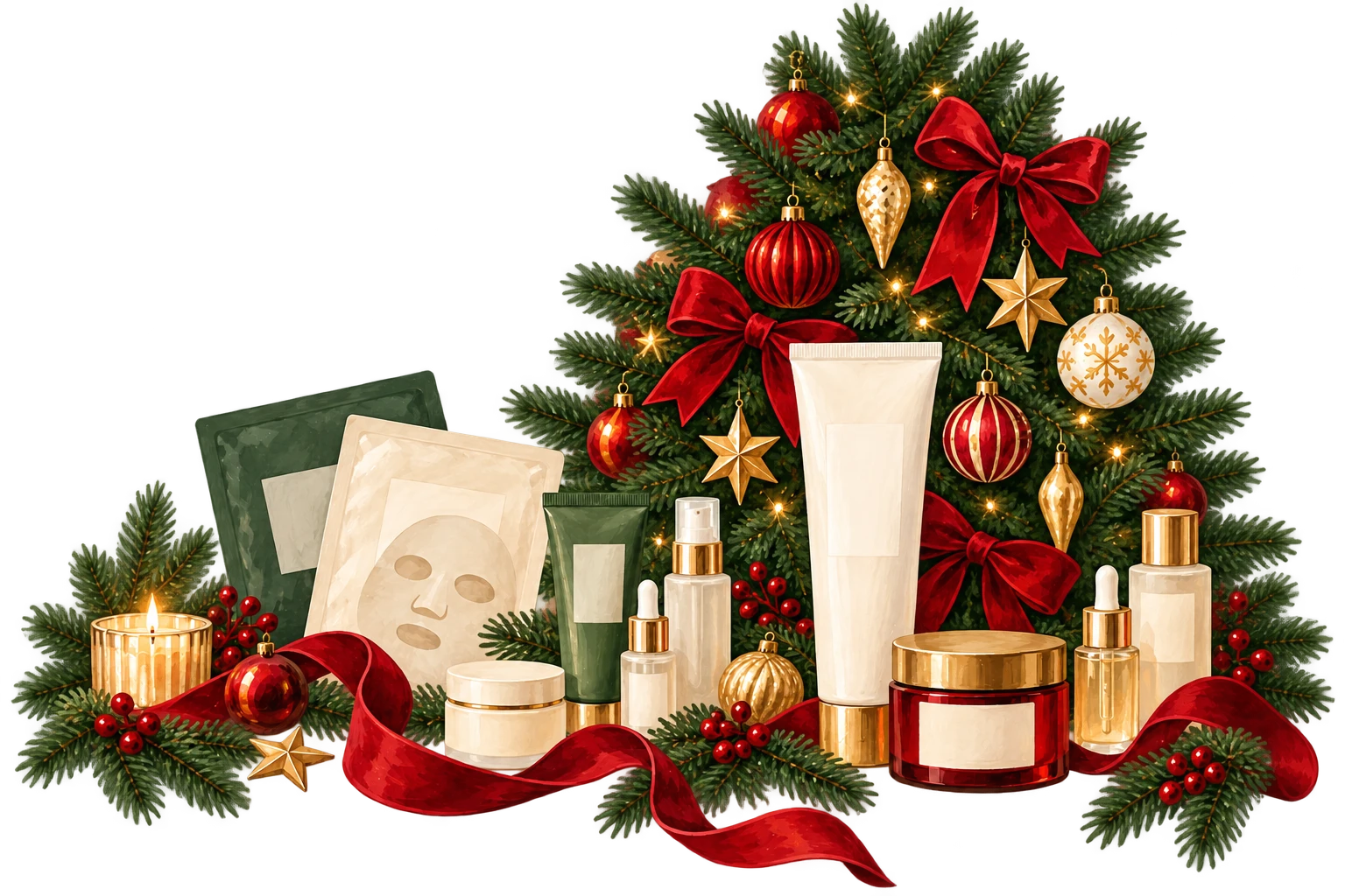 Weihnachtsillustration mit Tannenbaum, roten Schleifen und Pflegeprodukten